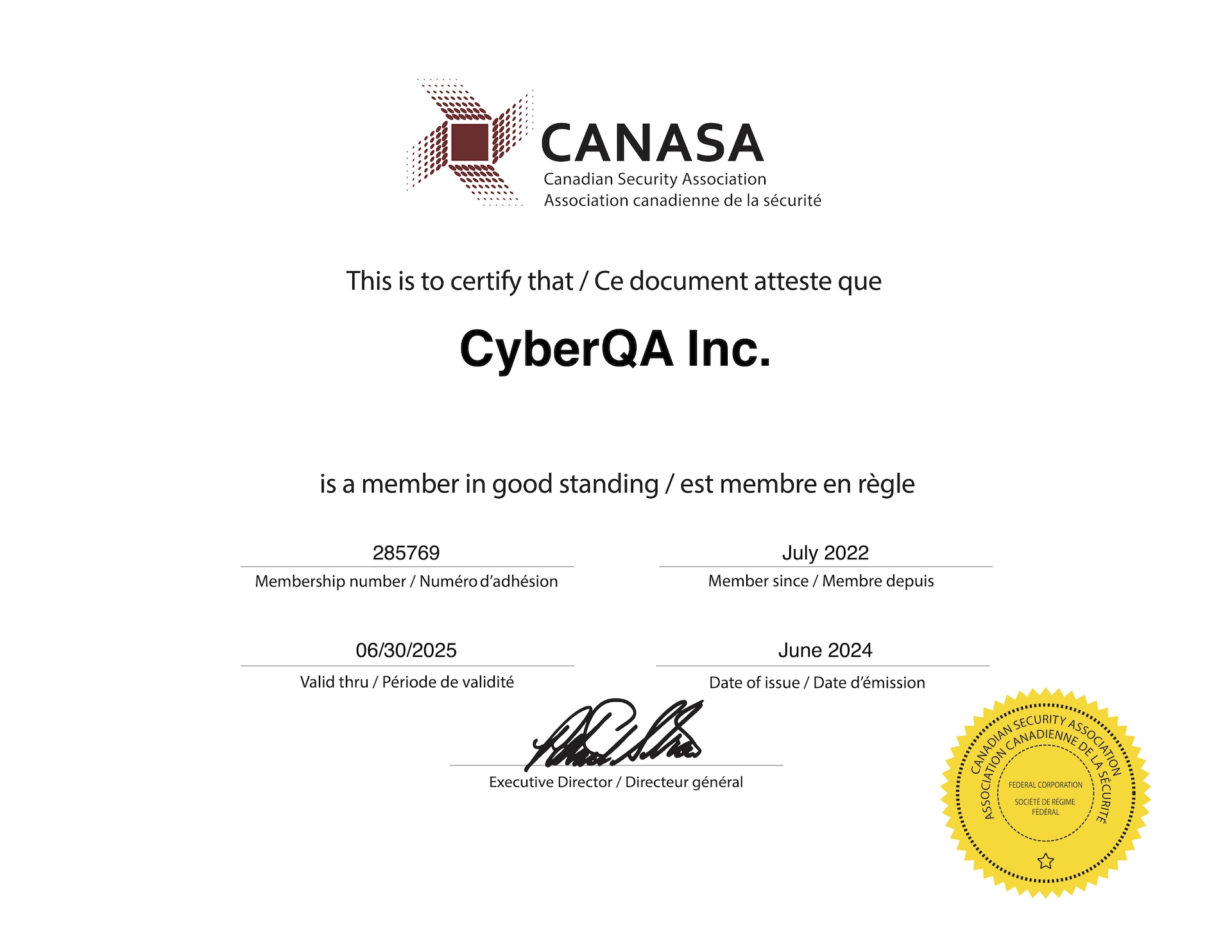 CyberQA Inc. is a member in good standing of Canadian Security Association (CANASA)